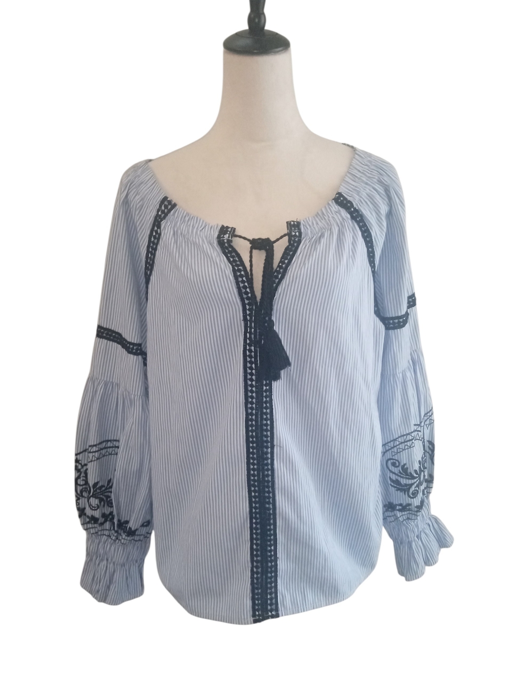Haute Monde Striped Blue & White Peasant Blouse with Black Embroidery Size L